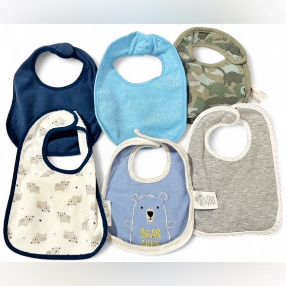 Carter’s & Modern Baby Bibs Bundle of 6 Blue, Gray, White & Camouflage Designs - Picture 1 of 6